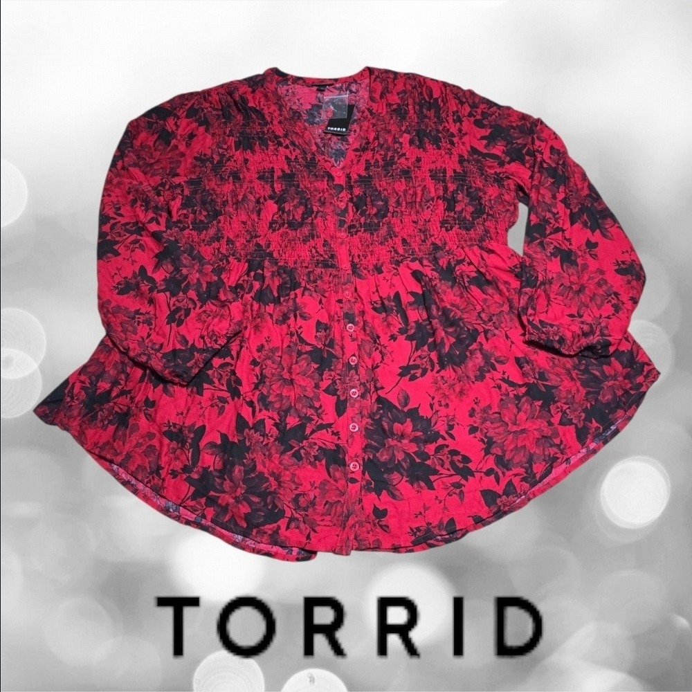 Torrid Tunic Top Womens Smocked Floral Button Down Red Black 2X NEW
